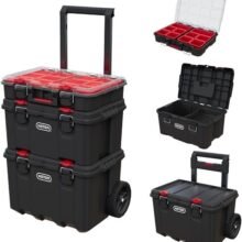 Keter Stack-n-Roll Modular Tools Organizer for Garage Storage and DIY, 3 Piece Resin Rolling Tool Box System for Small Parts, Black