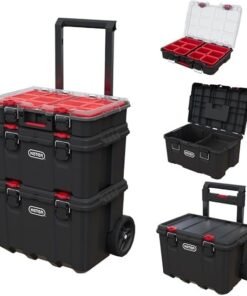 Keter Stack-n-Roll Modular Tools Organizer for Garage Storage and DIY, 3 Piece Resin Rolling Tool Box System for Small Parts, Black