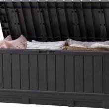 Keter Kentwood 92 Gallon Resin Deck Box-Organization and Storage for Patio Furniture Outdoor Cushions, Throw Pillows, Garden Tools and Pool Floats, Dark Grey