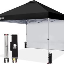 CROWN SHADES 10×10 Pop Up Canopy with 1 Side Wall – Beach Tent with One Push Setup – Outdoor Sun Shade for Events, Parties, Camping – Gazebo with STO-N-Go Cover Bag (Black)