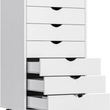 OLIXIS 7 Drawer Mobile File Cabinet Under Desk Storage Organization with Wheels Vertical Filing Chest Rolling Wood Small Desk Printer Stand for Home Office, 15.75″D x 18.74″W x 34.25″H, White