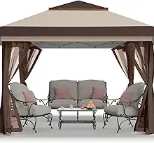 CROWN SHADES 13×13 Pop Up Gazebo, Canopy Tent, Gazebos on Clearance – Outdoor Gazebo for Backyard & Patio Furniture – Carpa Pop Up Tent with Wheeled STO-N-Go Cover Bag (Beige & Coffee)