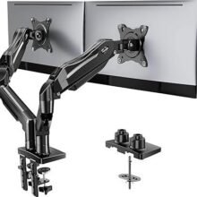 HUANUO FlowLift Dual Monitor Stand, Fully Adjustable Gaming Monitor Desk Mount for 13–32″ Computer Screens, Full Motion VESA 75×75/100×100 with C-Clamp & Grommet Base, Each Arm Holds 4.4 to 19.8 lbs