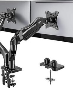 HUANUO FlowLift Dual Monitor Stand, Fully Adjustable Gaming Monitor Desk Mount for 13–32″ Computer Screens, Full Motion VESA 75×75/100×100 with C-Clamp & Grommet Base, Each Arm Holds 4.4 to 19.8 lbs