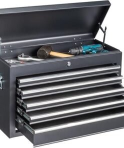 Winado 24″ Portable Metal Tool Box, 5 Drawers Toolbox with Top Storage Tray, Carry Handle, Ball Bearing Runners, Lockable Tool Chest Cabinet for Garage, Warehouse, Repair Shop & Home, Black