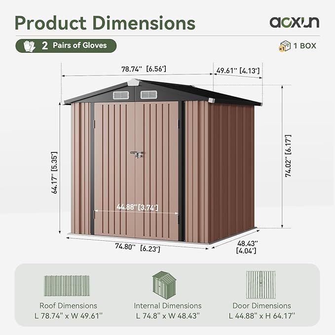 Aoxun 6.2×4 FT Shed Outdoor Storage Shed with Lockable Doors & Slooping Roof Metal Garden Tool Shed for Backyard, Patio, Poolside (Brown) - Image 5