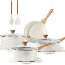 SENSARTE Nonstick Ceramic Cookware Set, 13-Piece Non-toxic Pots and Pans Set, Healthy Kitchen Cooking Set with Stay-Cool Handles, Silicone Tools and Pot Protectors, PFAS Free
