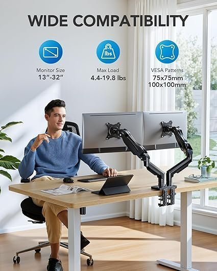 HUANUO FlowLift Dual Monitor Stand, Fully Adjustable Gaming Monitor Desk Mount for 13–32″ Computer Screens, Full Motion VESA 75×75/100×100 with C-Clamp & Grommet Base, Each Arm Holds 4.4 to 19.8 lbs - Image 5
