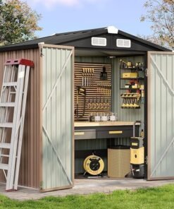 Aoxun 6.2×4 FT Shed Outdoor Storage Shed with Lockable Doors & Slooping Roof Metal Garden Tool Shed for Backyard, Patio, Poolside (Brown)