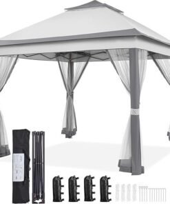 Yaheetech 11×11 Pop Up Gazebo Outdoor Canopy Shelter, Instant Patio Gazebo Sun Shade Canopy Tent with 4 Sandbags, 2 Tiers Roof & Mesh Netting for Lawn, Garden, Backyard & Deck, Gray