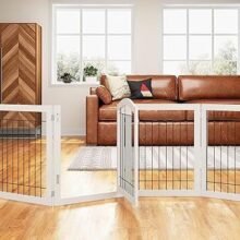 PAWLAND 144-inch Extra Wide 30-inches Tall Dog gate with Door Walk Through, Freestanding Wire Pet Gate for The House, Doorway, Stairs, Pet Puppy Safety Fence, Support Feet Included, White,6 Panels
