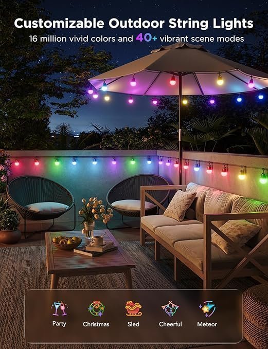 Govee Smart Outdoor String Lights 2, 144ft Outdoor Lights with Dimmable Warm White LED Bulbs, 47 Scene Modes for Patio, Backyard, Balcony, IP65 Waterproof, Works with Alexa, App Control - Image 2