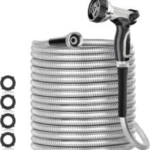 SPECILITE 200ft 304 Stainless Steel Garden Hose Metal, Heavy Duty Water Pipe with Nozzles for Yard, Outdoor – Flexible, Never Kink & Tangle, Puncture Resistant (Sliver)