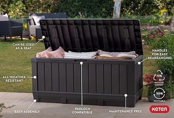 PatioZen 100 Gallon Resin Deck Box, Lockable Patio Outdoor Storage Box for Furniture, Garden Tools and Tools Storage, Waterproof Outside Storage Boxes – Black - Image 4