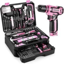 Pink Tool Kit Box Drill Set：DEKOPRO Home Mechanic Toolbox with 12V Power Cordless Drill Hand Repair Tools Sets Combo Kits Storage Organizer Drawer Case for Men & Women