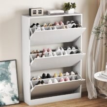 BORNOON Shoe Cabinet with 3 Flip Drawers, Hidden Wood Shoe Cabinet,Freestanding Shoe Storage Cabinet for Entryway Hallway.White. 47.2″ H*31.5″ W*9.45″ D.