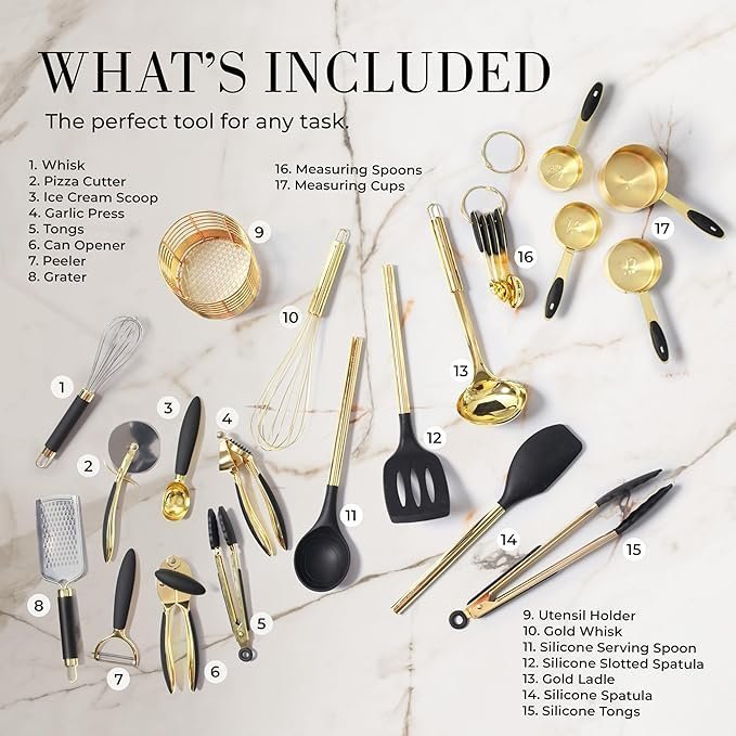 Black and Gold Kitchen Utensils Set – 23-Piece Luxury Kitchen Accessories Includes Gold Measuring Cups, Spoons, Silicone Cooking Utensils and Tools for Baking, Cooking, and Stylish Kitchen Decor - Image 2
