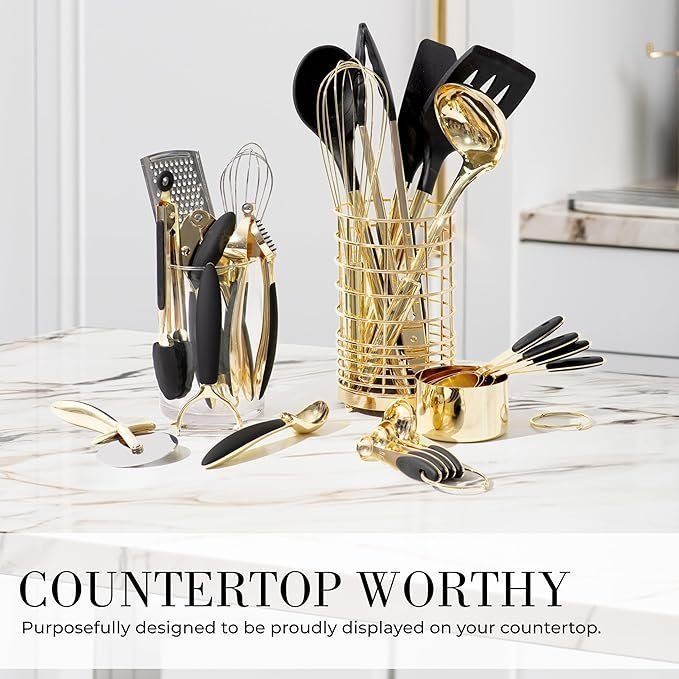 Black and Gold Kitchen Utensils Set – 23-Piece Luxury Kitchen Accessories Includes Gold Measuring Cups, Spoons, Silicone Cooking Utensils and Tools for Baking, Cooking, and Stylish Kitchen Decor - Image 3