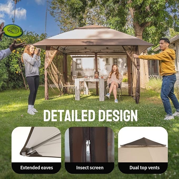 CROWN SHADES 13×13 Pop Up Gazebo, Canopy Tent, Gazebos on Clearance – Outdoor Gazebo for Backyard & Patio Furniture – Carpa Pop Up Tent with Wheeled STO-N-Go Cover Bag (Beige & Coffee) - Image 4