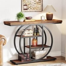 Tribesigns 41.3″ Console Table, Industrial 4-Tier Sofa Table Entryway Table with Circle Base, Narrow Wood Accent Tables with Storage Shelves for Living Room, Hallway, Foyer, Rustic Brown
