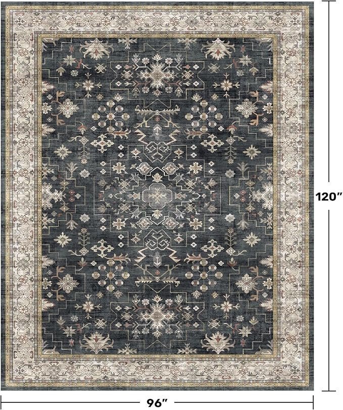 Black Farmhouse Washable 8×10 Area Rugs for Living Room, Bedroom, Dining Room Kitchen Table Rug for Under Table, Office, Dark Charcoal Tumble Stain Resistant Non-Slip Large Washable (8×10 Black/Multi) - Image 4