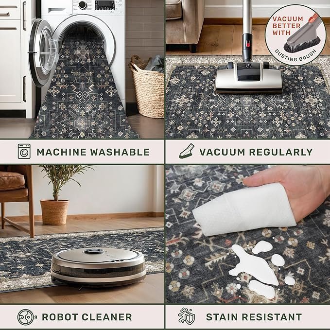 Black Farmhouse Washable 8×10 Area Rugs for Living Room, Bedroom, Dining Room Kitchen Table Rug for Under Table, Office, Dark Charcoal Tumble Stain Resistant Non-Slip Large Washable (8×10 Black/Multi) - Image 2
