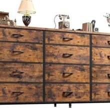 Romorgniz 55″ Dresser for Bedroom with 12 Fabric Drawers, Entertainment Center for 60 inch TV Dressers & Chests of Drawers Large Organizer, Living Room, Metal Frame, Wood Top, Rustic Brown