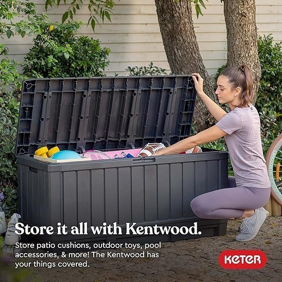 Keter Kentwood 92 Gallon Resin Deck Box-Organization and Storage for Patio Furniture Outdoor Cushions, Throw Pillows, Garden Tools and Pool Floats, Dark Grey - Image 4