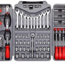 CARTMAN 205 Piece Ratchet Wrench Tool Set 1/4″ & 3/8″ & 1/2″ Drive with SAE/Metric Sockets Kit in Plastic Toolbox