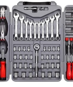 CARTMAN 205 Piece Ratchet Wrench Tool Set 1/4″ & 3/8″ & 1/2″ Drive with SAE/Metric Sockets Kit in Plastic Toolbox