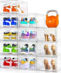 12 Pack Clear Shoe Storage Organizer with Magnetic Door,Stackable Plastic Shoe Boxes for Sneakers,Boots,and Heels,Space-Saving Foldable Shoe Rack for Closet,Durable Shoe Cabinet Organizer,White