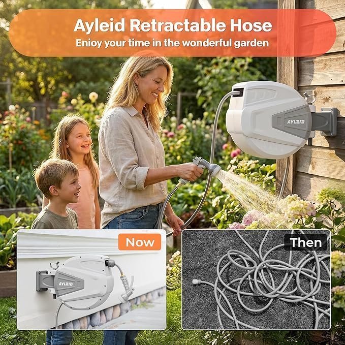 Ayleid Retractable Garden Hose Reel,1/2 in x 100 ft Wall Mounted Hose Reel, with 9- Function Sprayer Nozzle, Any Length Lock/Slow Return System/Wall Mounted/180°Swivel Bracket (Gray) - Image 3